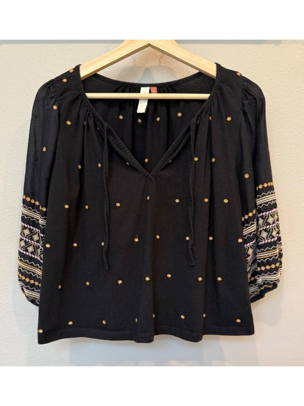 Pilcro Embroidered Flowy Boxy Black Gold Peasant Blouse XS 3/4 Sleeves Boho